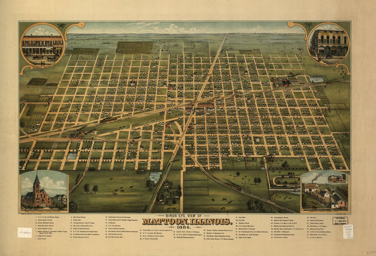 Mattoon, Illinois állam madártávlatból, 1884. alkotó: J. W. Shober and Carqueville Smith