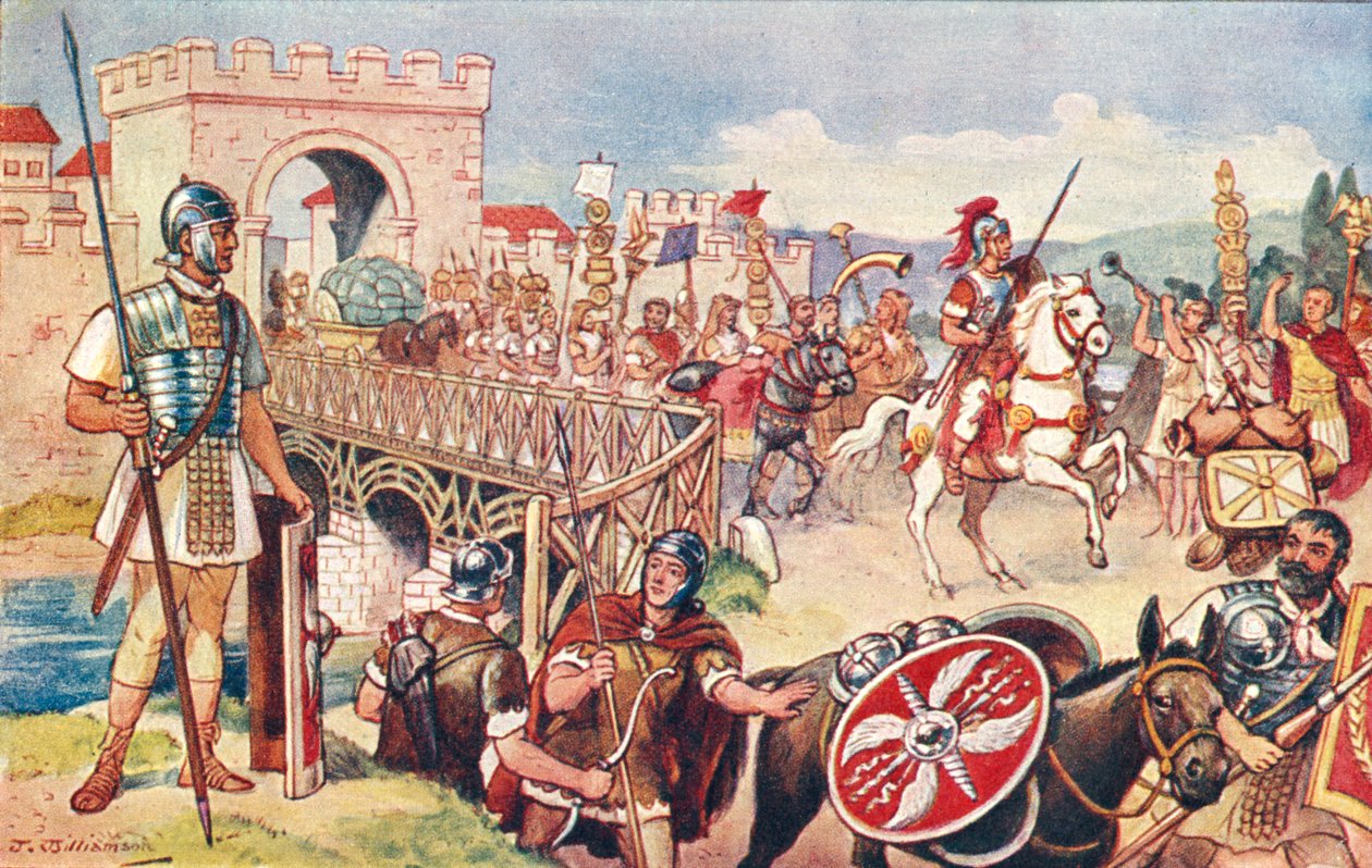 A Római Birodalom - egy hídon át előrenyomuló katonaoszlop. alkotó: J. Williamson