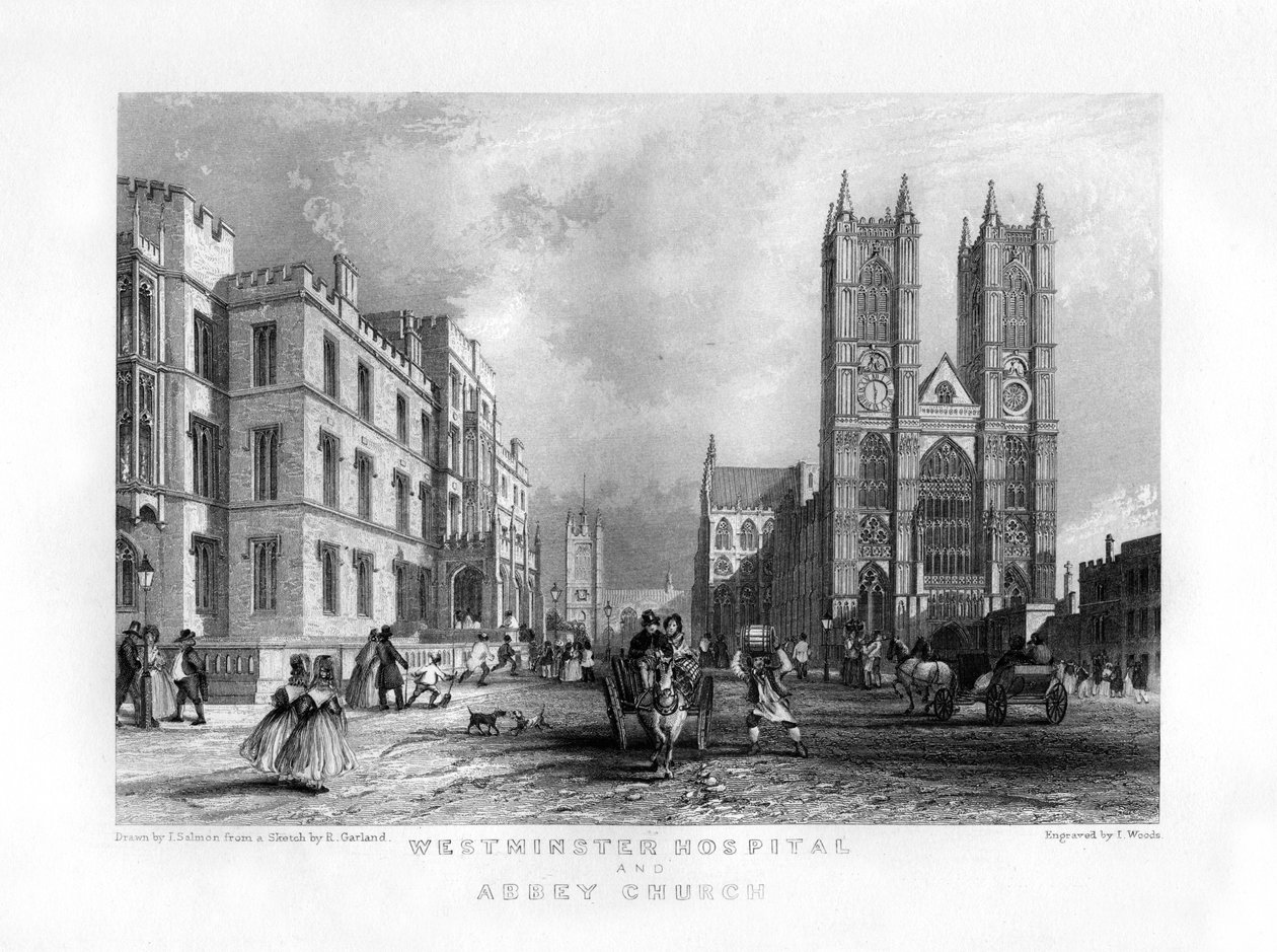 Westminster Kórház és Abbey Church, London, 19. század. alkotó: J. Woods