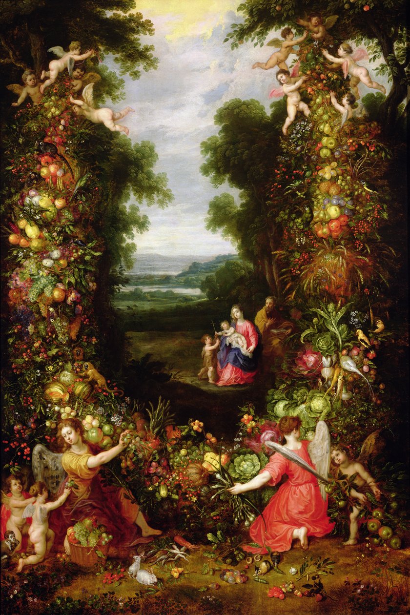 Szent Család egy tájban gyümölcs- és zöldségfüzérrel (panel) alkotó: J. and Avont, P. van Brueghel