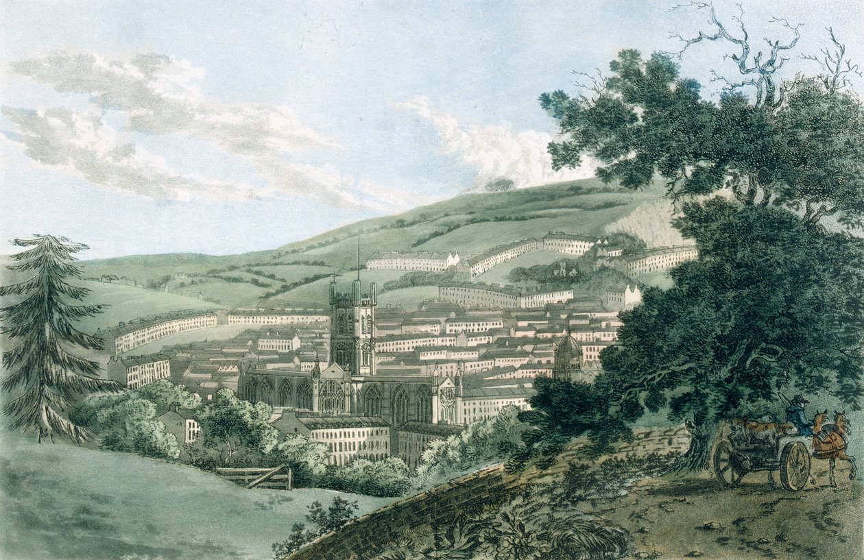 Bath, a Prior Parkba vezető magánúttól, az „A festői kalauz Bath-hez, Bristol Hot-Wells-hez, az Avon folyóhoz és a szomszédos vidékhez”, 1793-ban (színes akvatinta) alkotó: J. and Ibbetson, J.C. Hassell