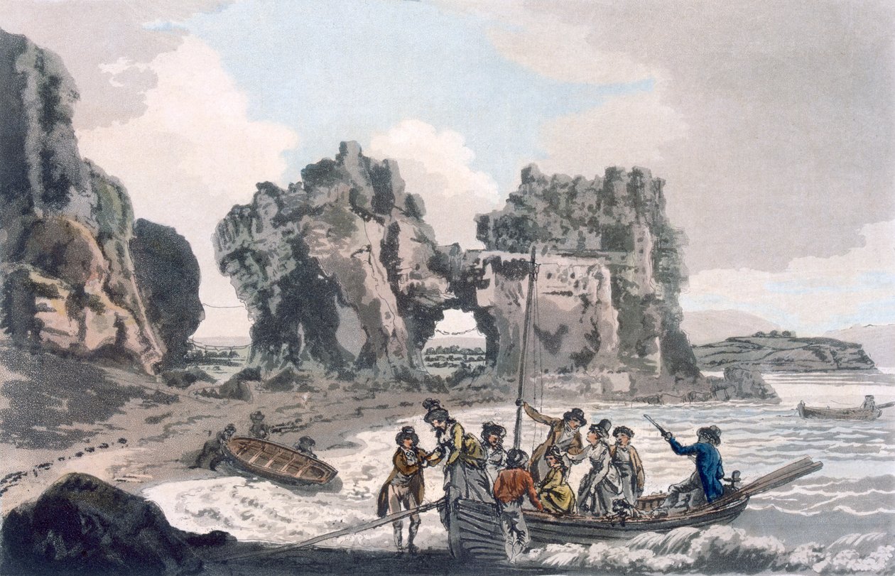 Kilátás a Castle Rockra, a Flat Holmes-i leszállóhelyről, A festői útmutatóból Bath-ba, Bristol Hot-Wells-be, az Avon folyóra és a szomszédos vidékre, 1793-ban (színes akvatinta) alkotó: J. and Ibbetson, J.C. Hassell