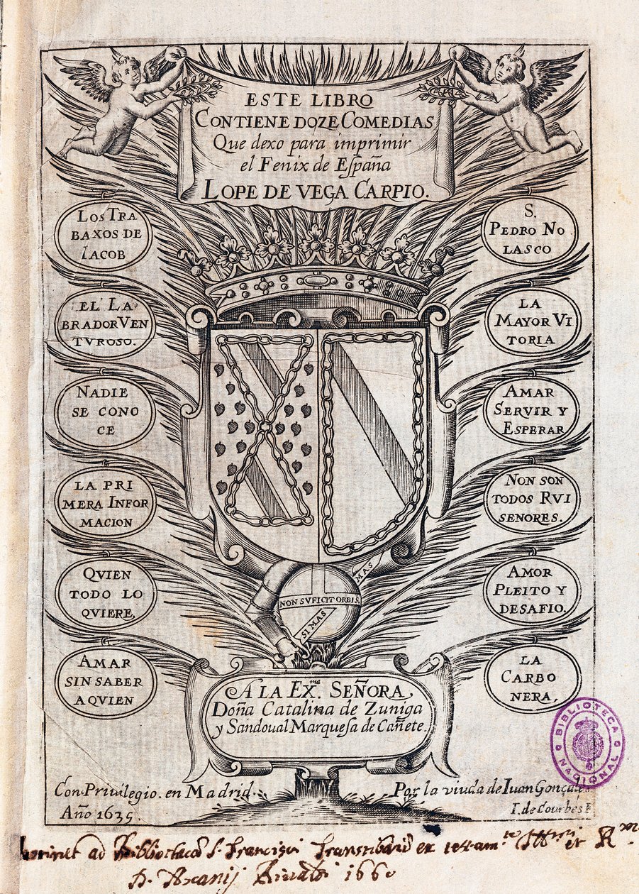 Felix Lope, Vega Carpio (1562-1635) tizenkét vígjátékát tartalmazó gyűjtemény félcímoldala alkotó: J. de (after) Courbes