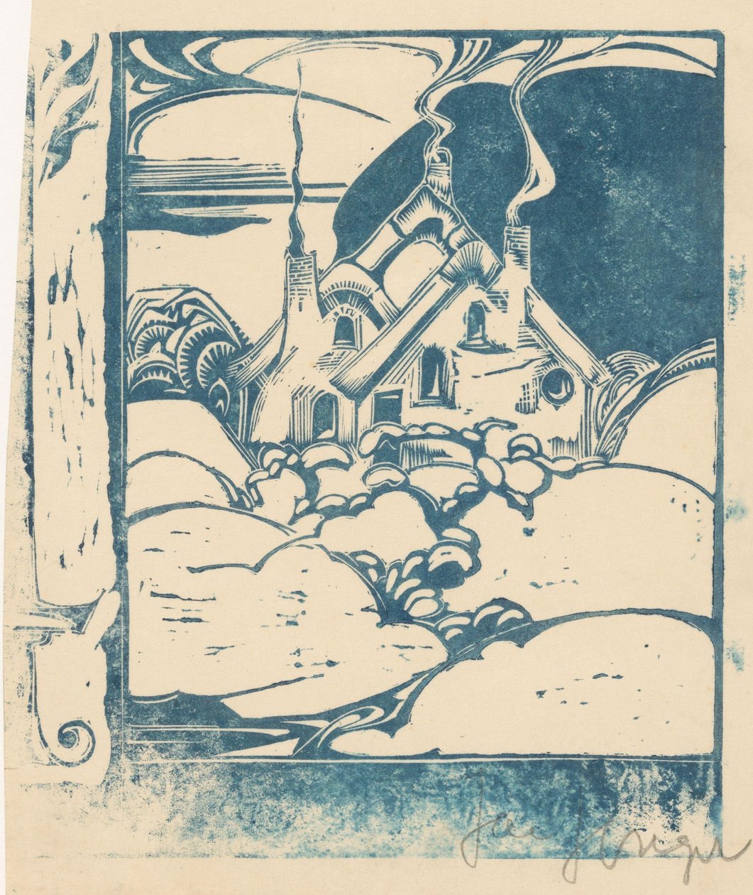 Ház füstölgő kéményekkel dombos tájon alkotó: Jac Jongert (signed by artist)