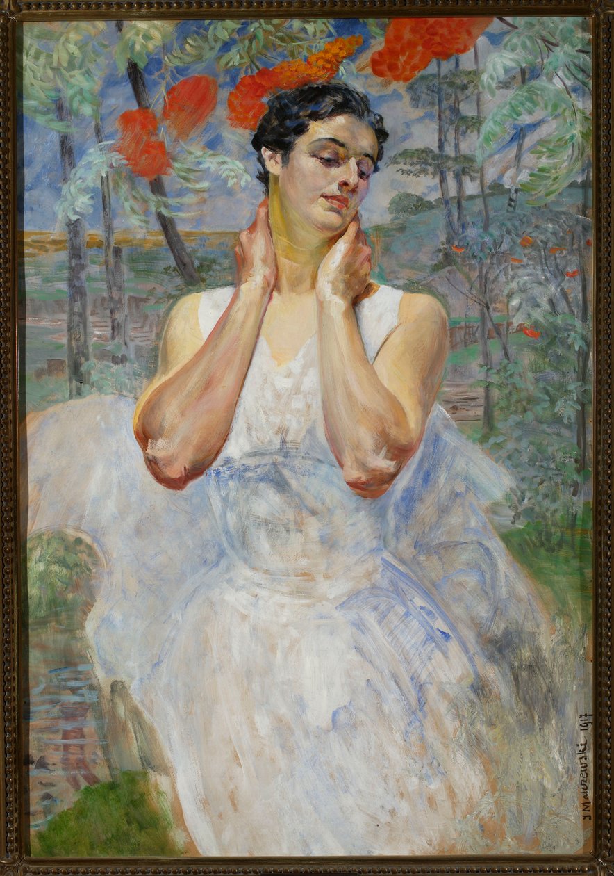 Női portré berkenye háttérrel alkotó: Jacek Malczewski