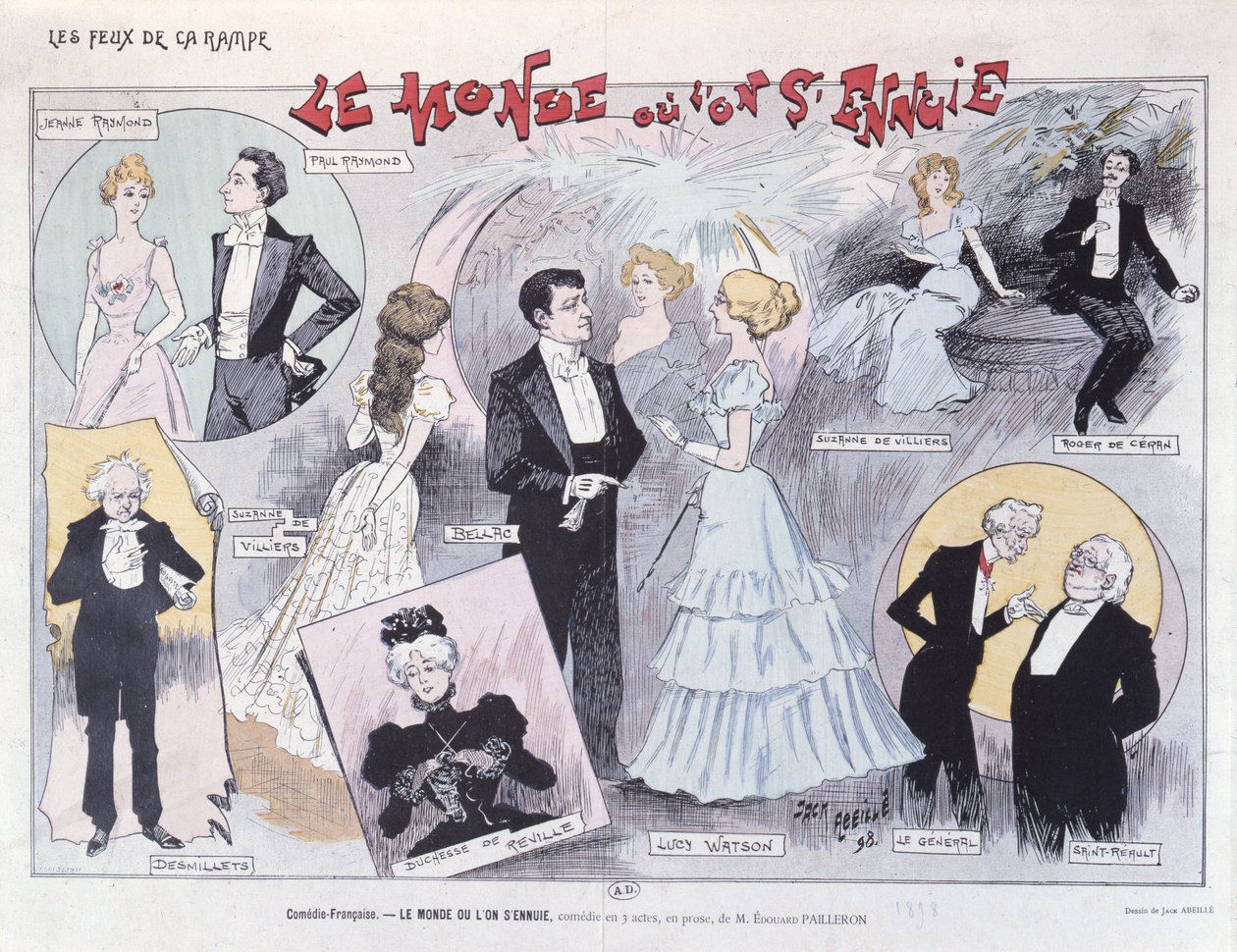 Plakát, amely Edouard Pailleron Le Monde ou Lon SEnnuie című szatirikus vígjátékát reklámozza a Comedie-Francaise-ben, 1898 alkotó: Jack Abeille