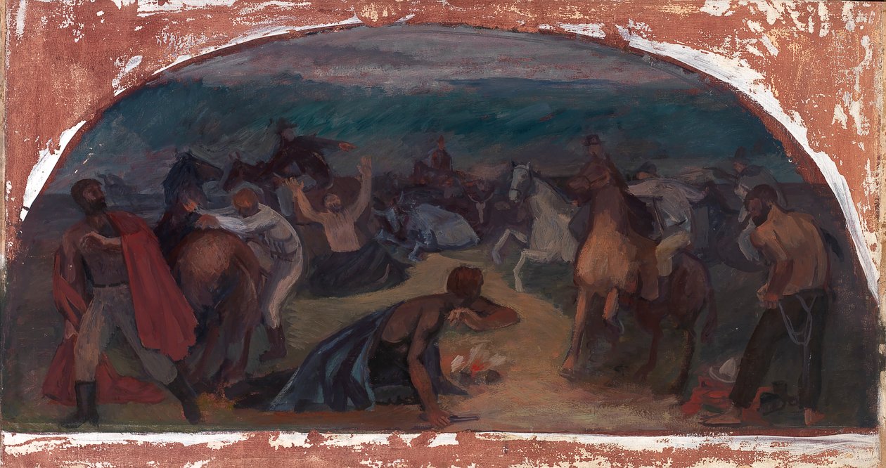 A Posse által meglepett szarvasmarhatolvajok falfestmény tanulmánya, Burns, Oregon Post Office, 1941. alkotó: Jack Wilkinson