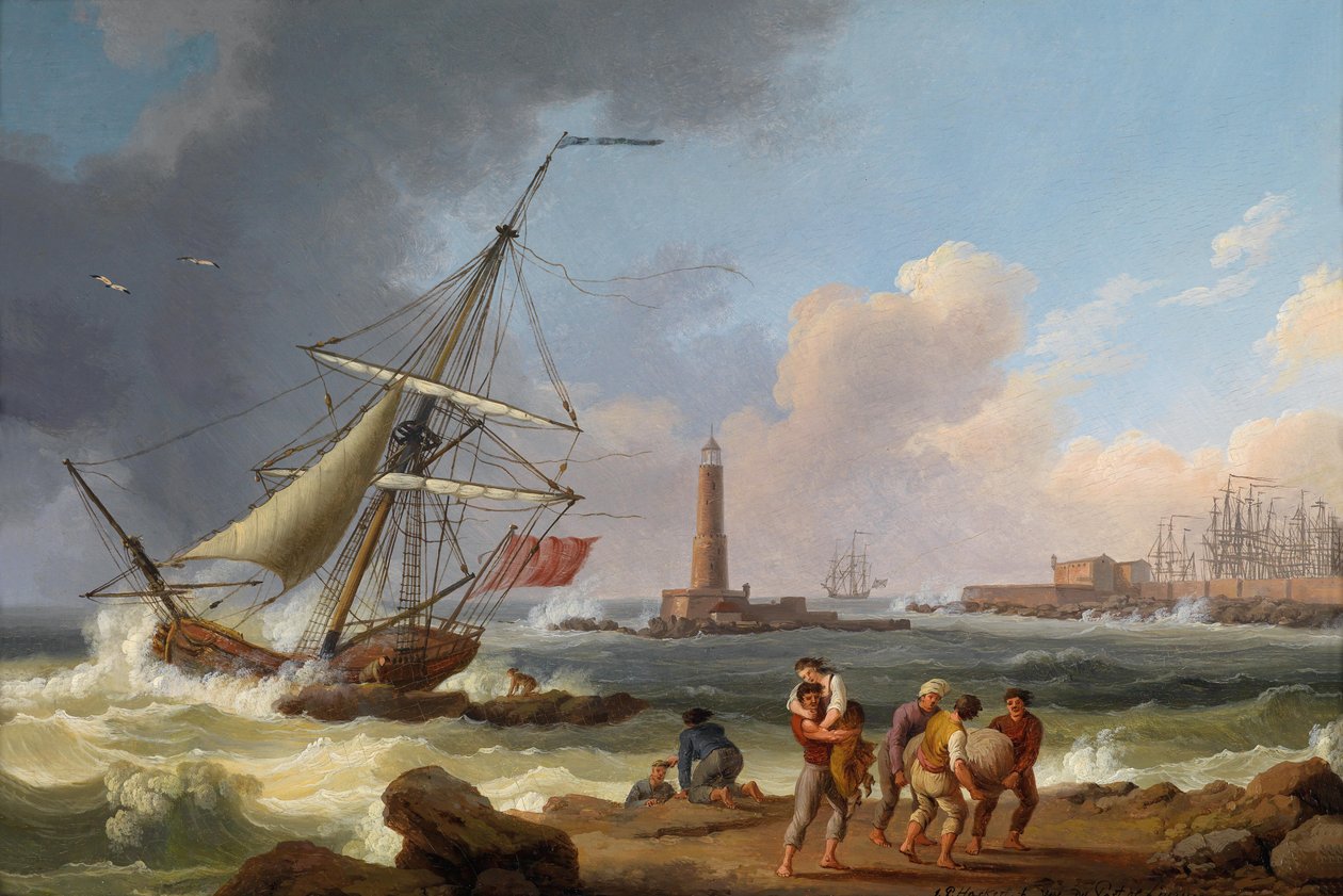 Livorno kikötője hajótörött emberek mentésével alkotó: Jacob Philippe Hackert