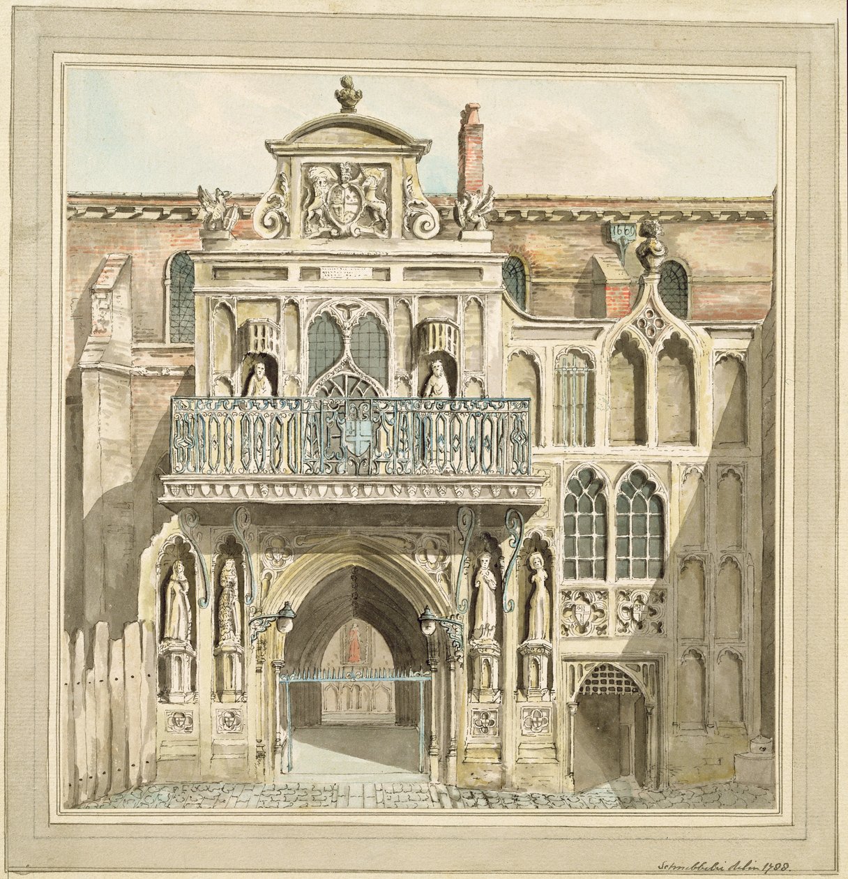 A Guildhall régi homlokzata, City of London, 1788 (tinta és wc) alkotó: Jacob Schnebbelie
