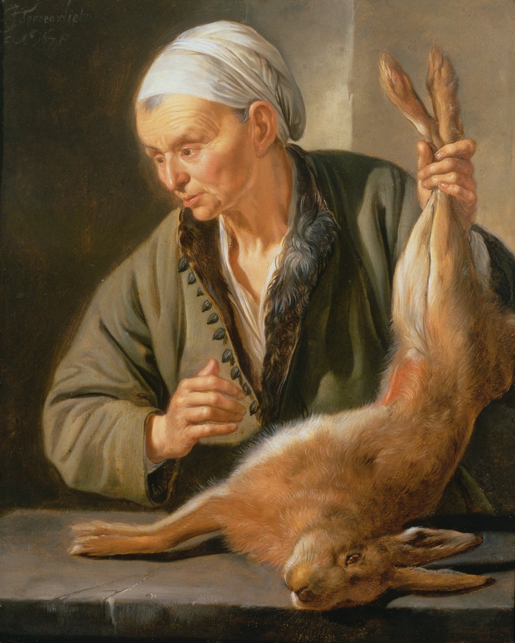 Nő egy döglött nyúllal, 1675 alkotó: Jacob Toorenvliet
