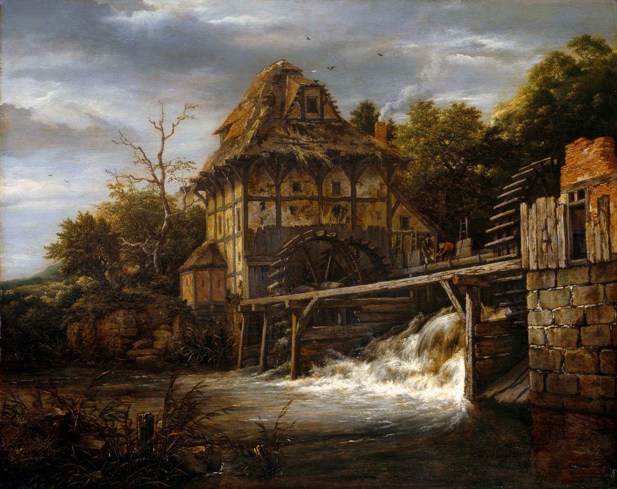 Két víz alatti malom, zsilipet nyitó férfiakkal alkotó: Jacob van Ruisdael