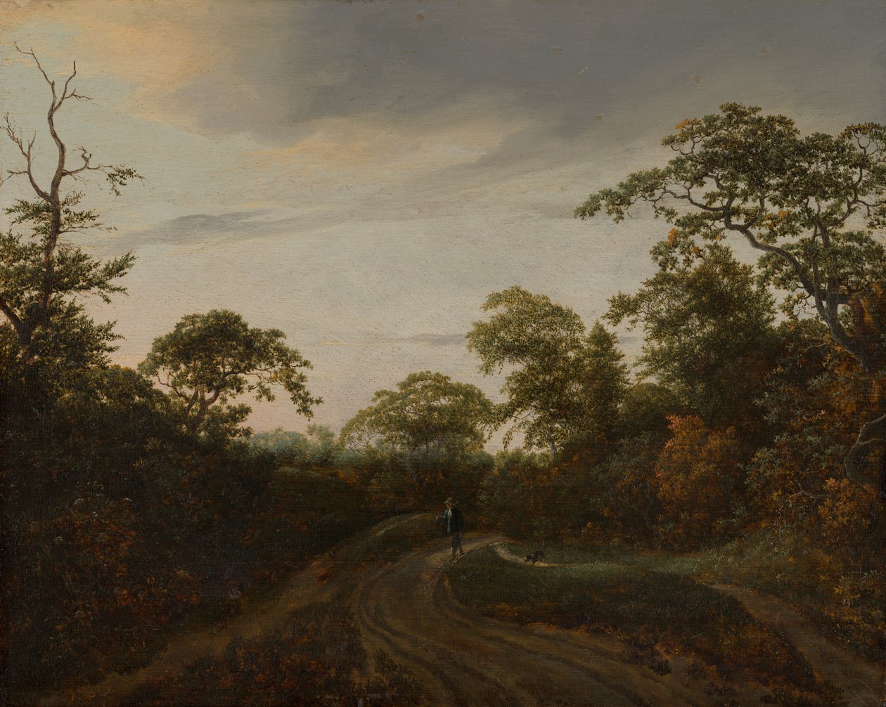 Út erdei tájon alkonyatkor alkotó: Jacob van Ruisdael
