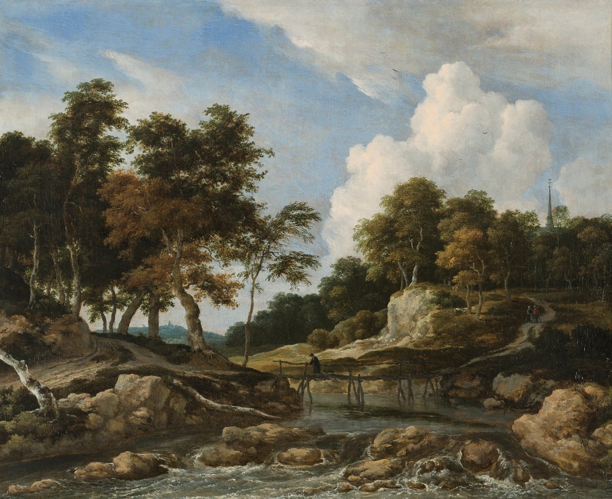 Fás folyami táj egy híddal alkotó: Jacob van Ruisdael