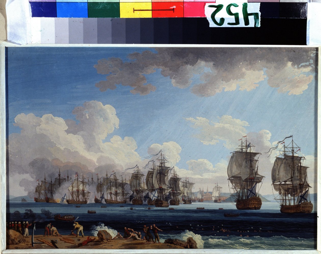 ""The Battle of Chesma on 05/07/1770"" (A haditengerészeti chesmai csata 1770. július 5-én) Ellenezte II. Katalin Oroszországának és az Oszmán Birodalom flottáit a görögországi Chiosig (Orloffi forradalma vagy a Orloff testvérek). gouache festés alkotó: Jacob Philippe Hackert