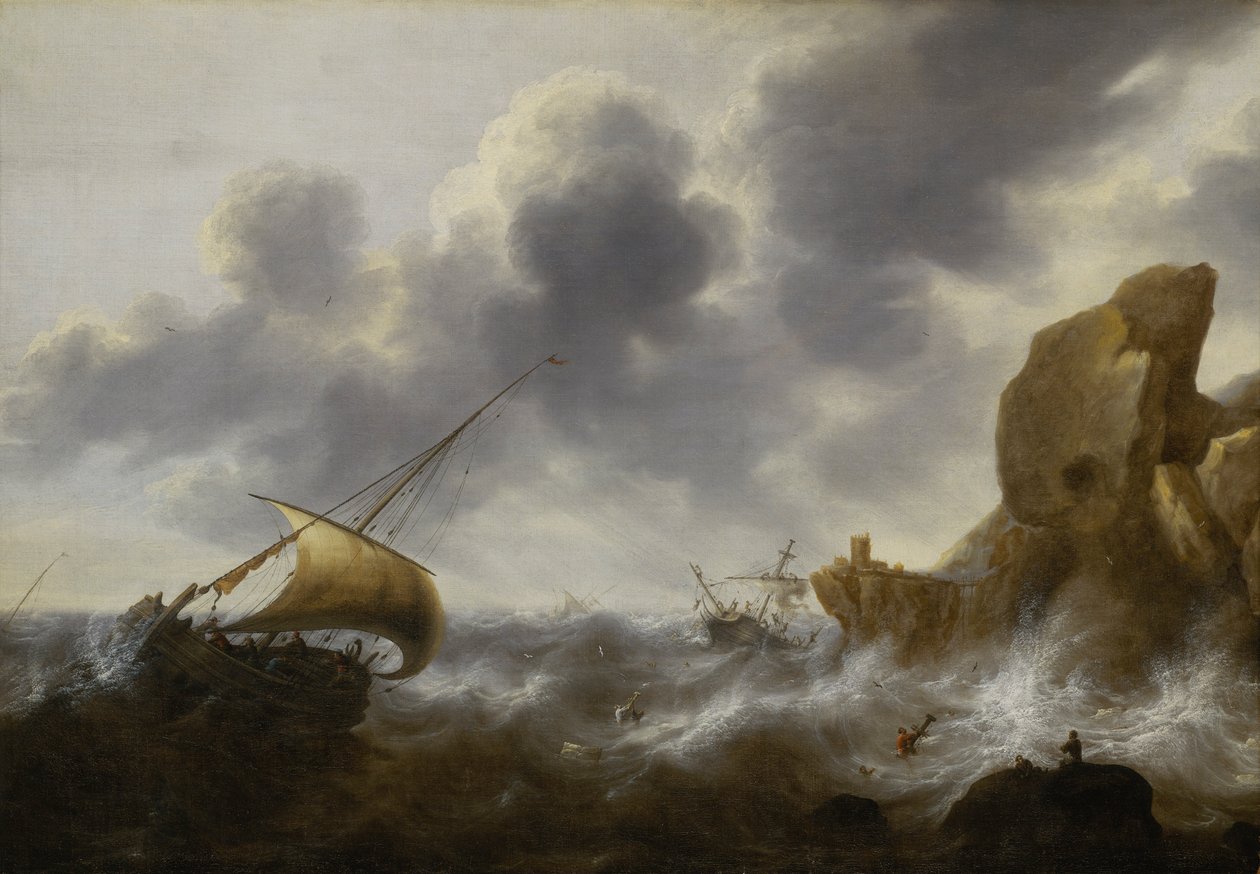 Halászhajó a sziklás parton viharban, ronccsal, 1664-65 körül (olaj, tábla) alkotó: Jacob Adriaensz. Bellevois