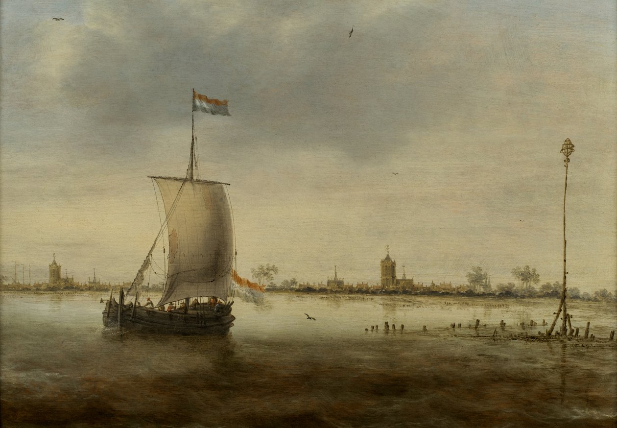 Vitorlás hajó egy Schoonhovennek vélt holland város partján alkotó: Jacob Adriaensz. Bellevois
