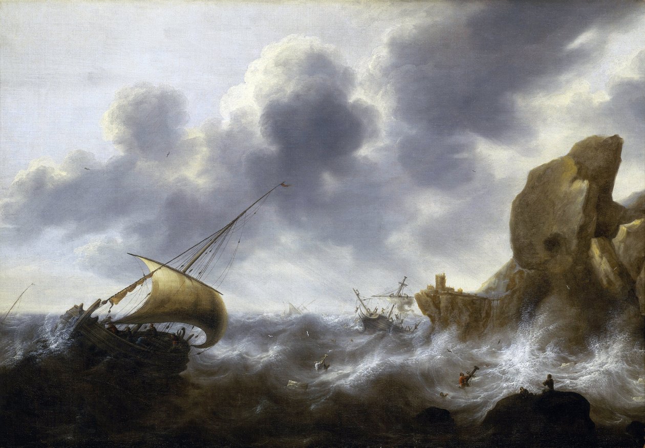 Egy sziklás part közelében viharba került halászhajó, hajótöréssel. Jacob Adriaensz Bellevois (1621-1675) olaj, vászon. alkotó: Jacob Adriaensz. Bellevois