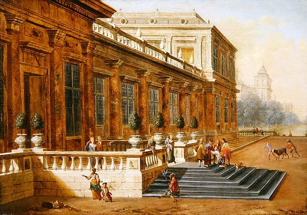 A tékozló fiú visszatérése egy klasszikus palota lépcsőjén (olaj, vászon) alkotó: Jacob Balthasar Peeters