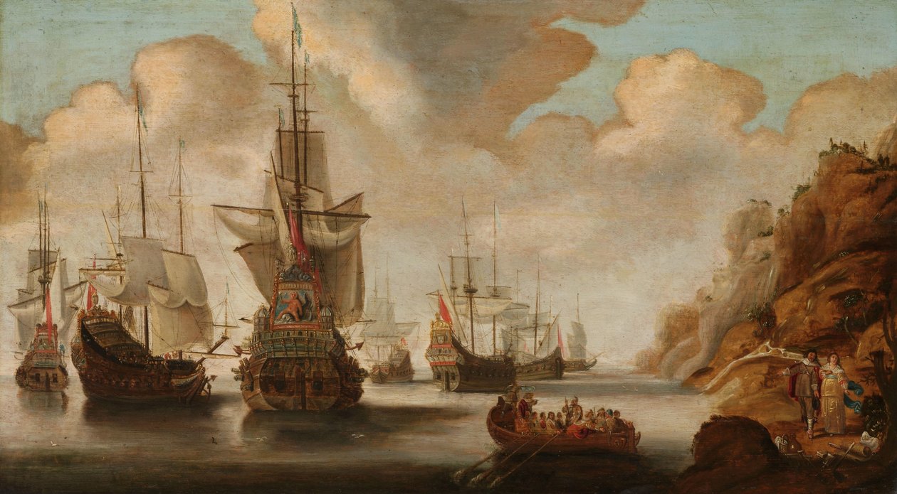 Egy francia osztag egy sziklás part közelében alkotó: Jacob Bellevois