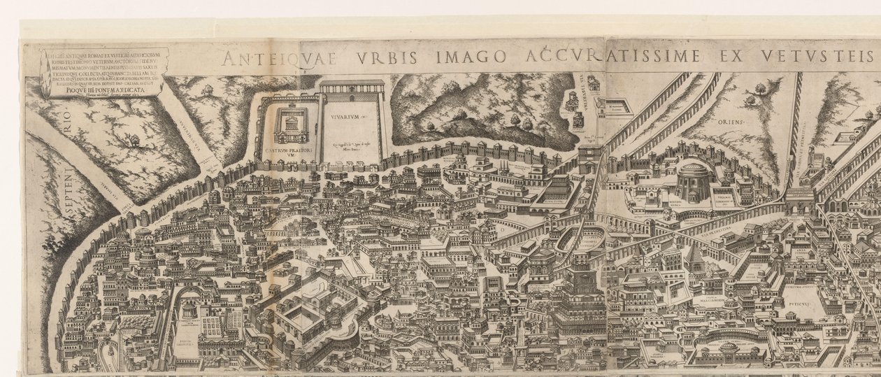 Plattegrond van Rome ten tijde van keizer Augustus (bovenste blad) (cím a tárgyon) Az ókori Róma képei romos épületek nyomairól (cím a tárgyon) alkotó: Jacob Bos