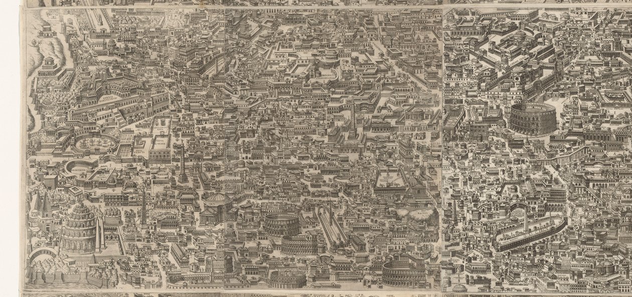 Plattegrond van Rome ten tijde van keizer Augustus (középső blad) Nagyon pontos kép az ókori városról ókori műemlékekből alakult ki Az ókori Róma képei romos épületek nyomairól alkotó: Jacob Bos