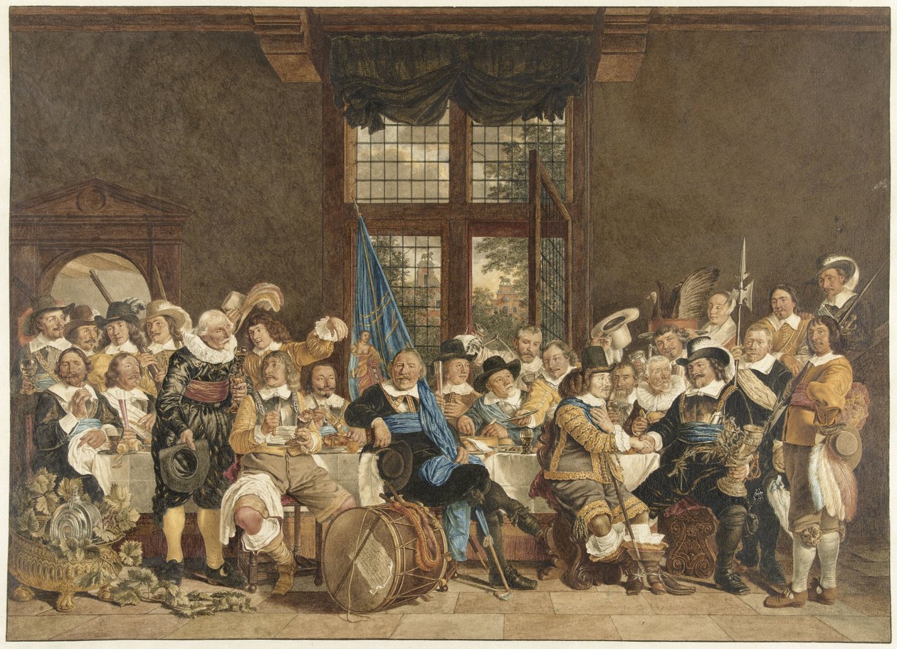 A milícia étkezése az amszterdami Voetboogdoelenben a munsteri béke megkötésének ünneplésére, 1648. június 18-án alkotó: Jacob  Cats