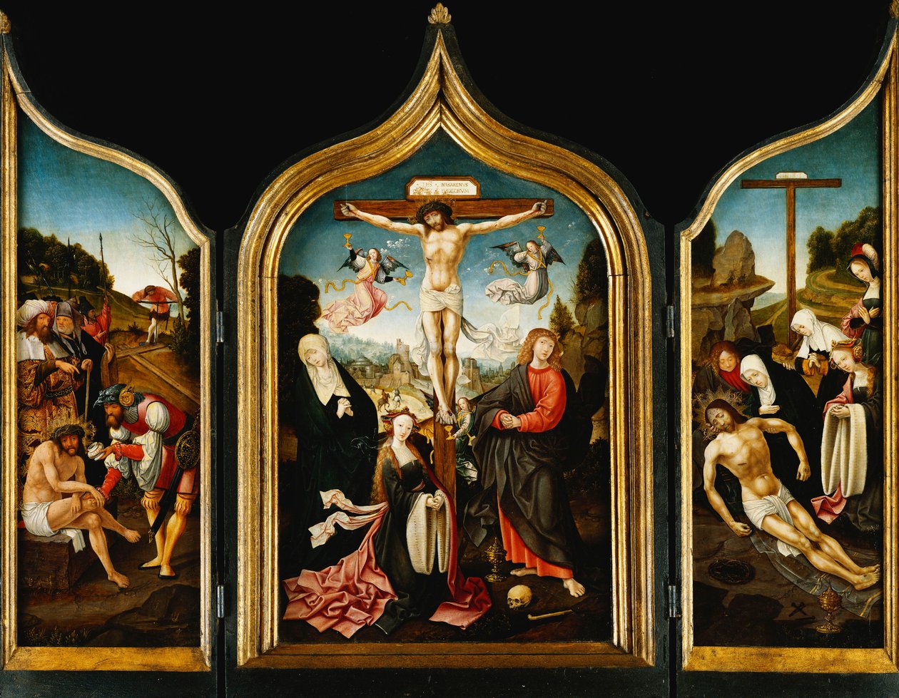 Triptichon: Krisztus a kereszten a Szűzzel, a Magdolnával, Szent János evangélistával és angyalokkal; a szárnyakon Krisztus ecetet ajánlott fel a keresztre feszítés és a siralom, a kerti gyötrelem és az Ecce Homo előtt, alkotó: Jacob Cornelisz van Oostsanen