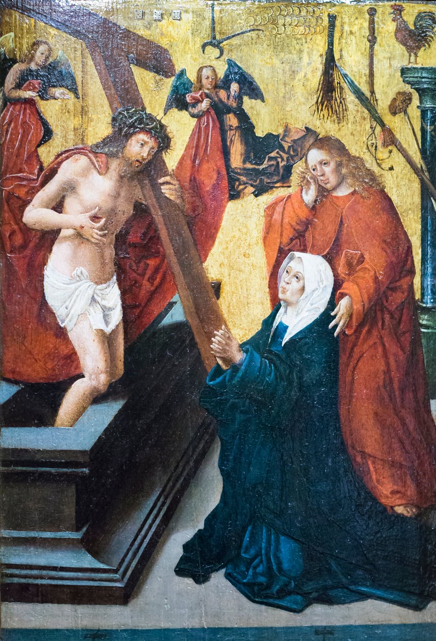 Feltámadt Krisztus a Madonnának és Szent János evangélistának megjelenő szenvedély szimbólumával alkotó: Jacob Cornelisz van Oostsanen