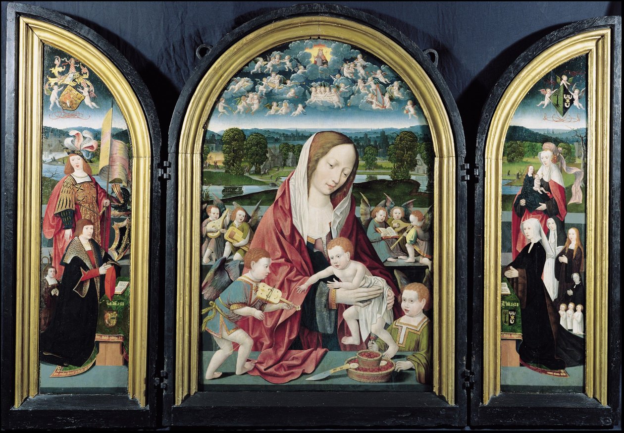 Szűz és gyermek muzsikáló angyalokkal és a Sampsons-Coolen családdal, Triptichon, 1500-1525 alkotó: Jacob Cornelisz van Oostsanen
