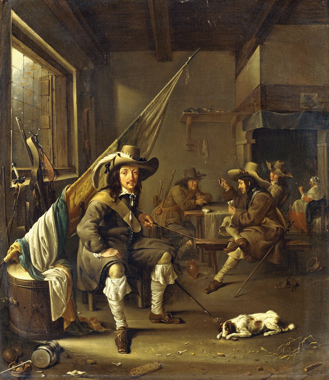 Egy ülő lovas katonákkal kártyázik, 1655 alkotó: Jacob Duck