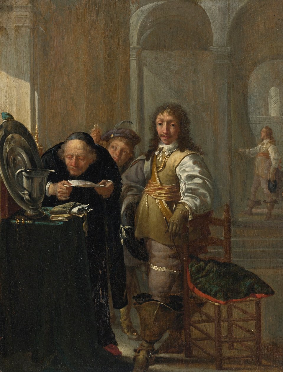 Az áruját árusító lovász, egy idős ember egy dokumentumot olvas, egy fiatal fiú pedig egy érmét tart a kezében. alkotó: Jacob Duck