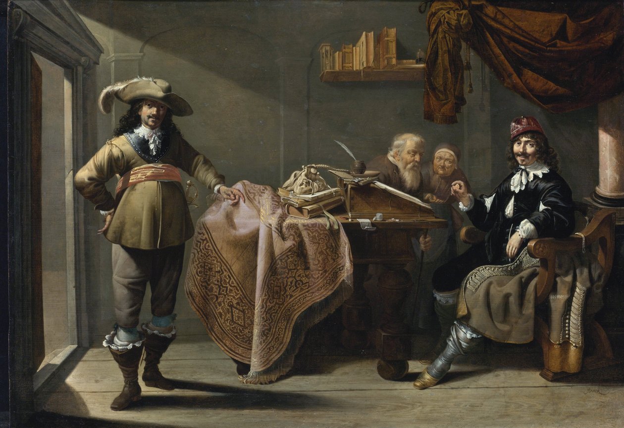 Alamizsna a közjegyzői irodában - Alamizsna a közjegyzői irodában, Duck, Jacob (1600/10-1667), - Olaj, fa, 32x57 - Magángyűjtemény alkotó: Jacob Duck