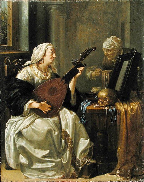 Nő Theorbóval, Vanitas, 1660 körül (olaj, panel) alkotó: Jacob Duck