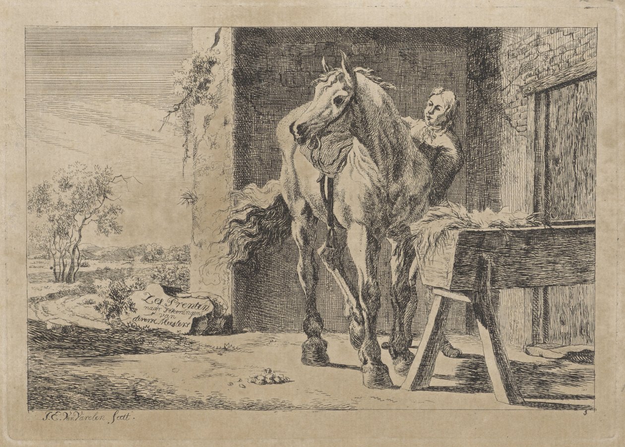 Figura lóval a jászolnál Hat nyomat különböző mesterek rajzai után (sorozat címe a tárgyon) alkotó: Jacob Elias van Varelen