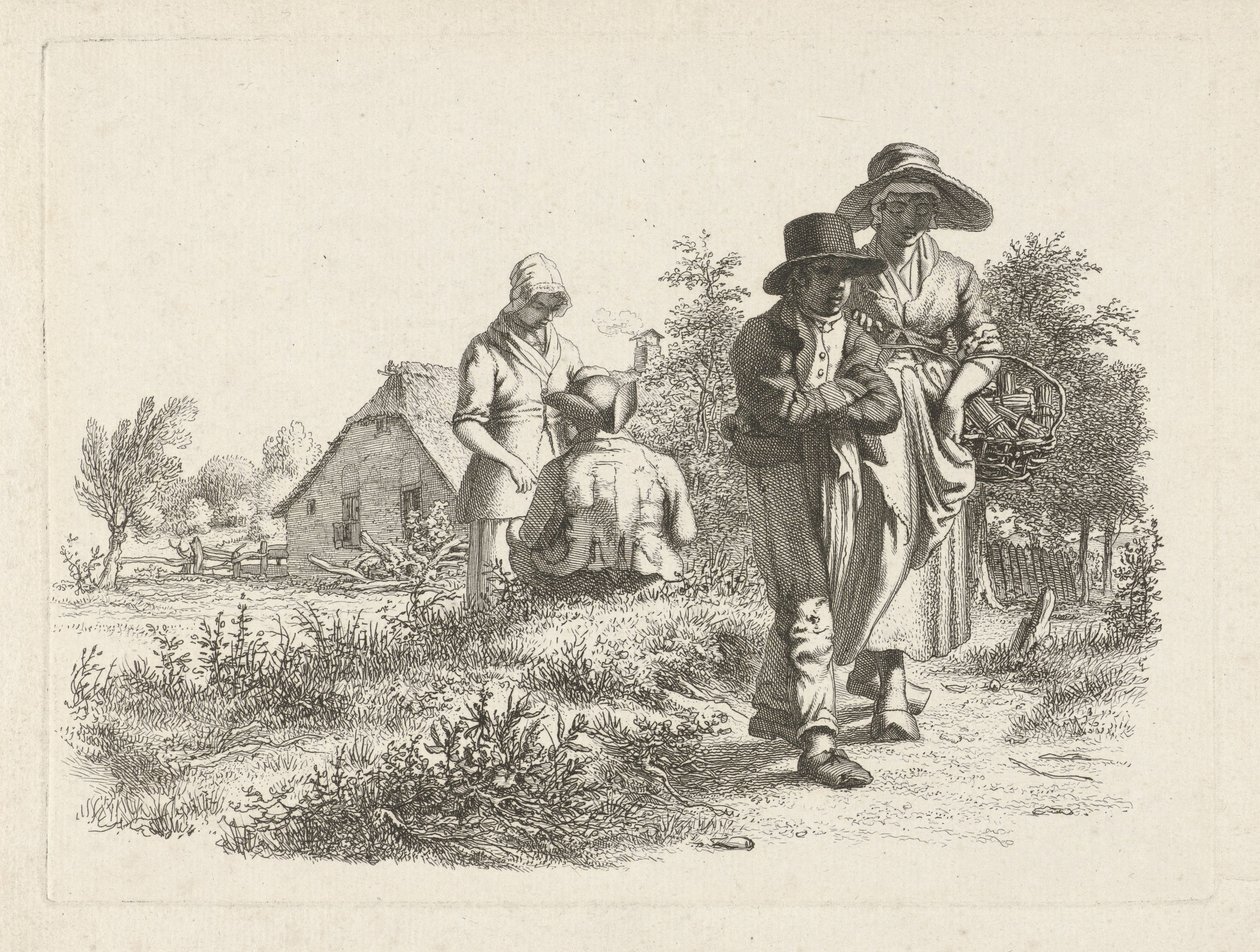 Vak nő és beszélgető alakok egy farmon Tanulmánynyomatok / Etudes gravées (sorozat címe) alkotó: Jacob Ernst Marcus