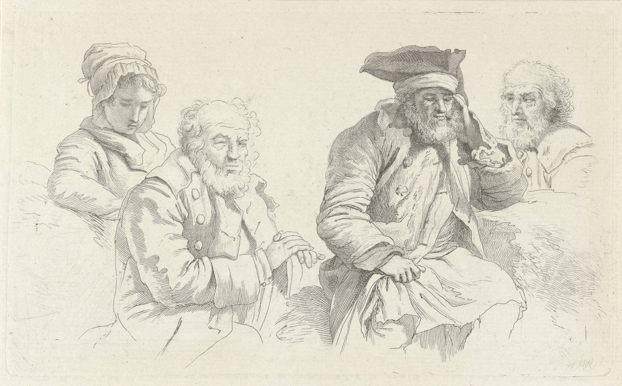 Tanulmányi lap három idős férfival és egy fiatal nővel Tanulmánynyomatok / Etudes gravées (sorozat címe) alkotó: Jacob Ernst Marcus