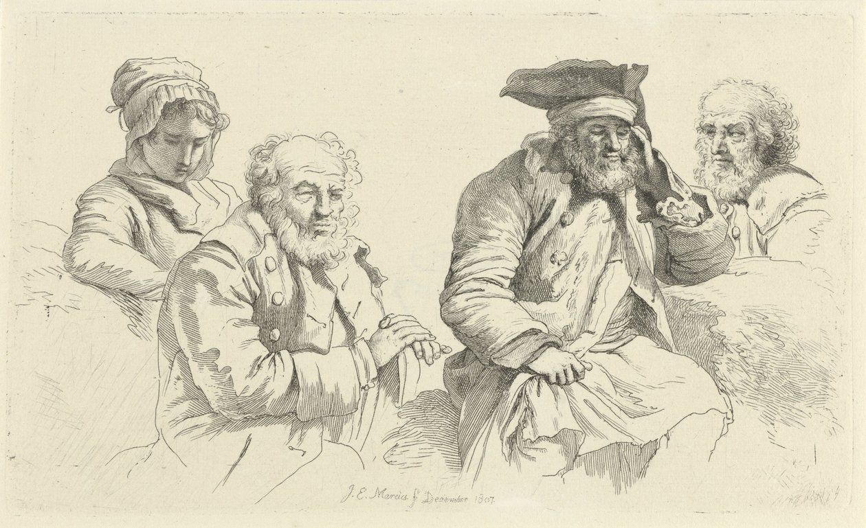 Tanulmányi lap három idős férfival és egy fiatal nővel Tanulmánynyomatok / Etudes gravées (sorozat címe) alkotó: Jacob Ernst Marcus