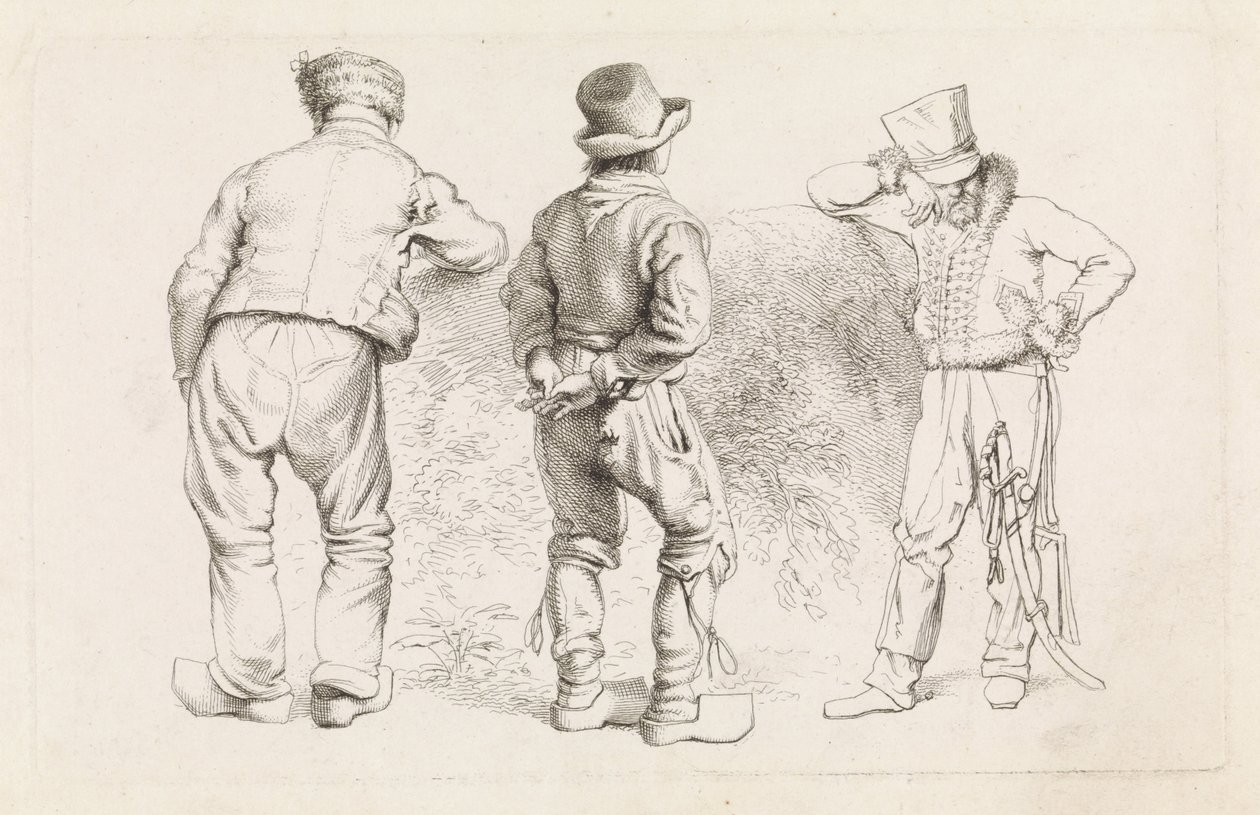 Tanulmánylap három álló figurával Etudes gravées (sorozat címe) alkotó: Jacob Ernst Marcus