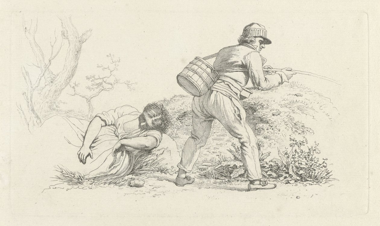 Tanulmányi lap egy alvó nővel és egy horgász Tanulmánynyomatok / Etudes gravées (sorozat címe) alkotó: Jacob Ernst Marcus