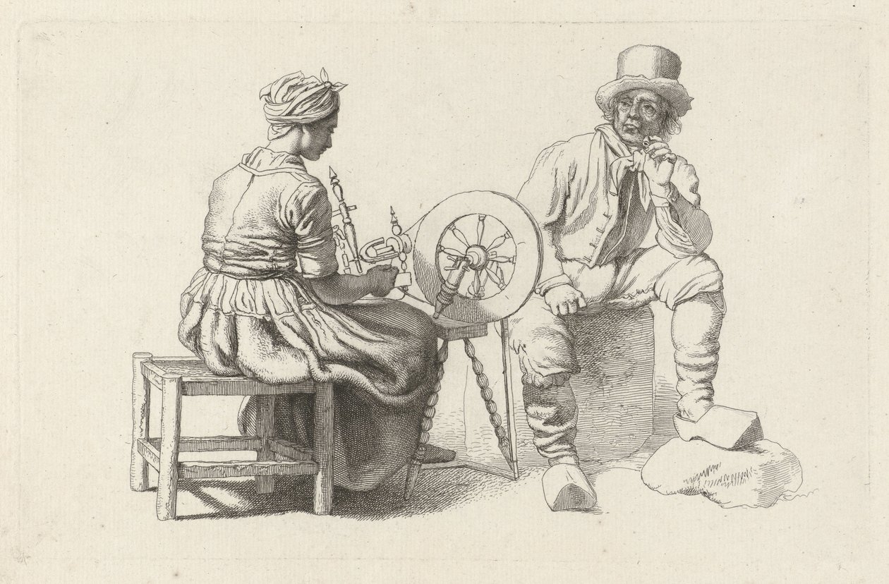 Tanulmányi lap egy nővel a forgó keréknél és egy ülő férfival Tanulmánynyomatok / Etudes gravées (sorozat címe) alkotó: Jacob Ernst Marcus