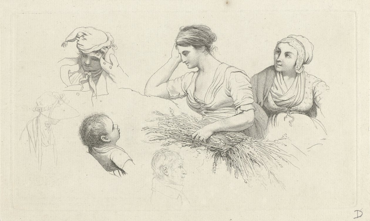 Tanulmányi lap egy nővel, egy köteg ággal és figurával Tanulmánynyomatok / Etudes gravées (sorozat címe) alkotó: Jacob Ernst Marcus