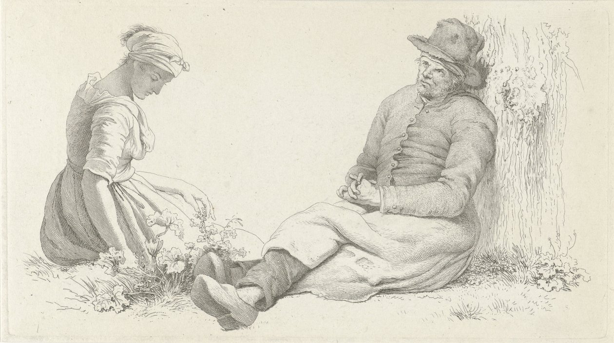 Tanulmányi lap egy ülő férfival és egy fiatal nővel Tanulmánynyomatok / Etudes gravées (sorozat címe) alkotó: Jacob Ernst Marcus