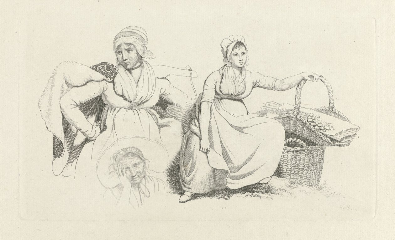 Tanulmányi lap két nővel és egy fejjel Tanulmánynyomtatási munka / Etűdek gravées (sorozat címe) alkotó: Jacob Ernst Marcus