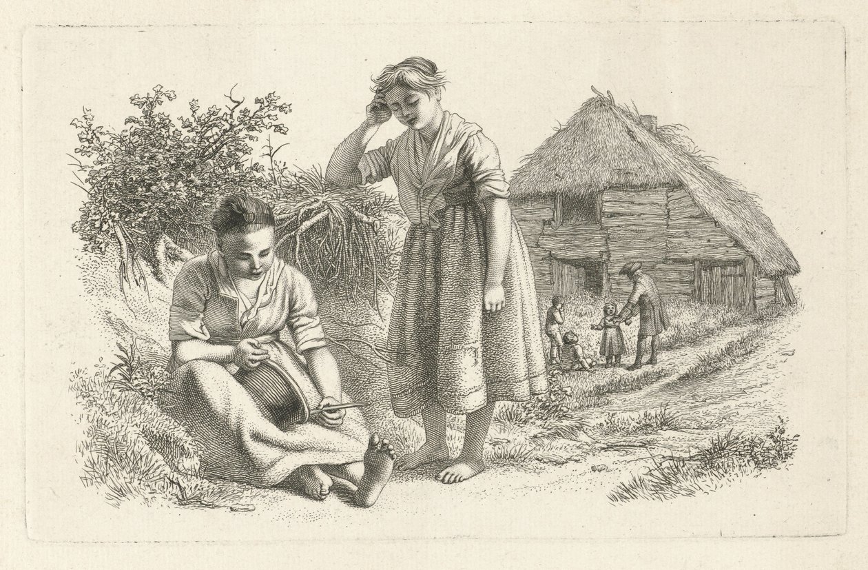 Két nő és egy férfi gyermekekkel egy istálló előtt Tanulmánynyomatok / Etudes gravées (sorozat címe) alkotó: Jacob Ernst Marcus