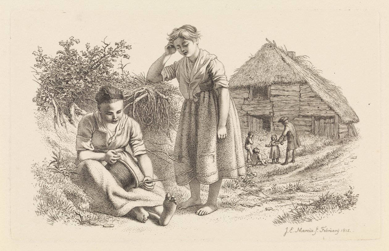 Két nő és egy férfi gyermekekkel egy istálló előtt Tanulmánynyomtatási munka / Etűdek gravées (sorozat címe) alkotó: Jacob Ernst Marcus