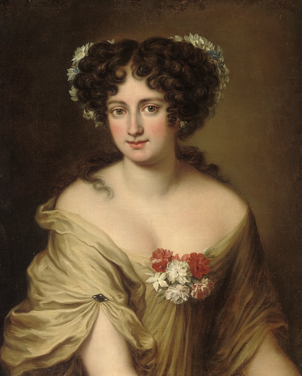Contessa Ortensia Ianni Stella portréja, mellhosszban, elefántcsont nadrágban, virágokkal a hajában alkotó: Jacob Ferdinand Voet