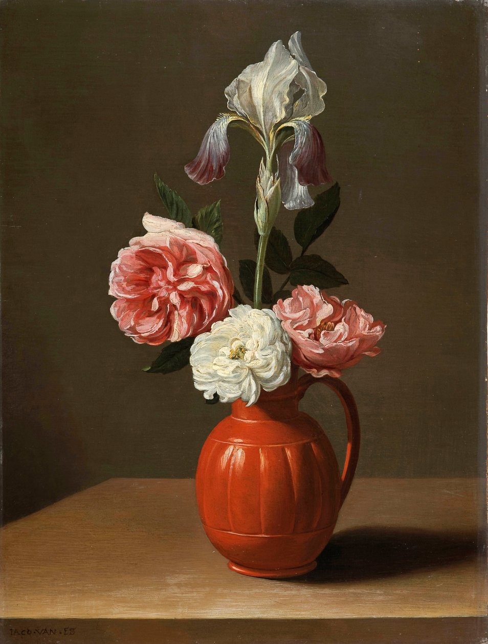 ""Bouquet Of Irises and Three Roses In A Faience Pot"" (An Iris And Three Roses In An Earthenware Pot) Jacob Foppens van Es festménye (1596-1666 körül), - Olaj, fa, mérete 30x29 cm Fondation Custodia alkotó: Jacob  Foppens van Es