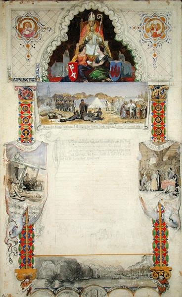 Tervezés egy köszönetnyilvánításhoz Brémába Hamburgból, 1843 (ceruza, toll, tinta és WC papíron) alkotó: Jacob Gensler