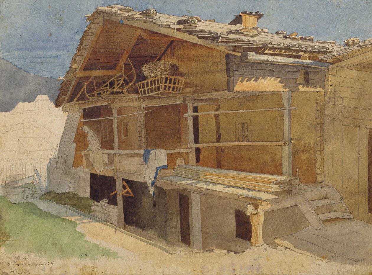 Parasztház építés alatt, 1829 (toll, tinta és WC papíron) alkotó: Jacob Gensler
