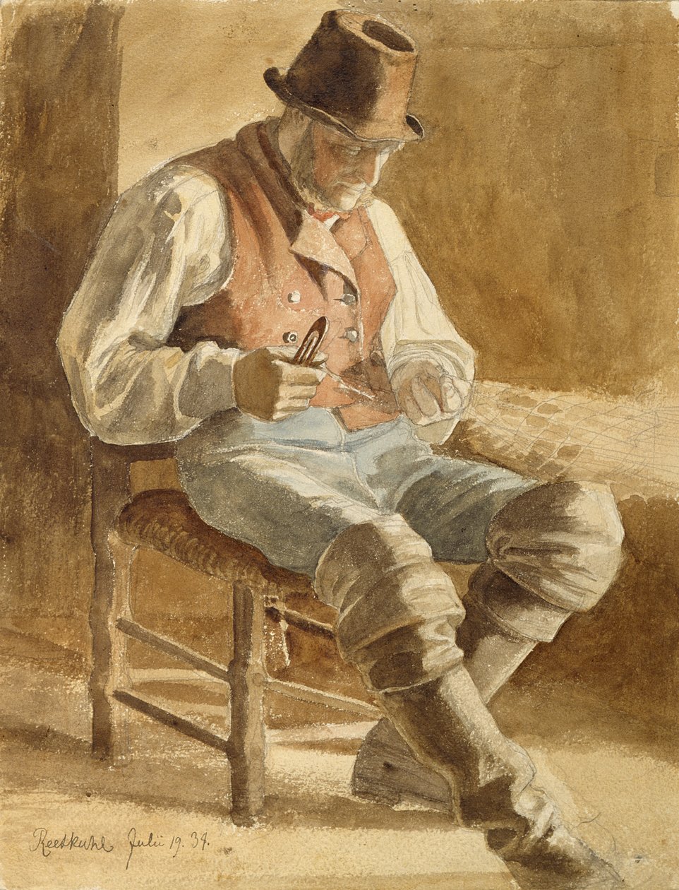 Halász hálót javít, 1834 (ceruza és WC papíron) alkotó: Jacob Gensler